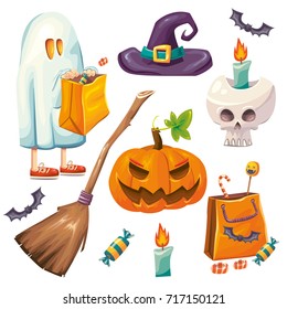 Cute color cartoon style vector isolated set of Halloween elements: witch hat, ghost costume (trick or treat tradition), skull with flaming candle, flying bats, bag with candies, broom and pumpkin