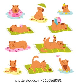 Gatos e capivaras de cores bonitas na praia. Clip-art para seus projetos.