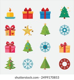 Cute color Christmas flat icons set. Festive Elements