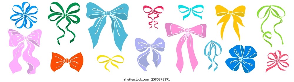 Cute Color Coquette Bow knots isolated on white. Hand-Drawn Girly bows letter writing stationery. Trendy feminine romantic icons for Wedding celebration, party decoration, gift, present concept.
