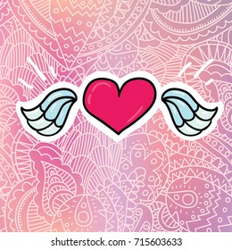 Cute color design print template of cartoon comic style outlined flying heart with wings on elegant girly paisley lace pink gradient background. Ideal for card invitation wedding design