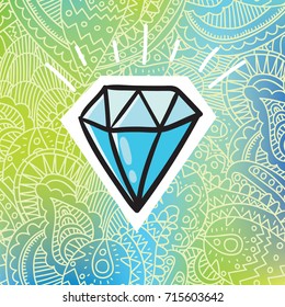 Cute color design print template of cartoon comic style outlined shining diamond on elegant girly paisley lace green gradient background. Ideal for card invitation wedding design