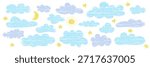 Cute color doodle Set soft cloud, sun, moon and star elements in pastel chalk colors.Hand drawn child pencil bg. Crayon kid drawing.