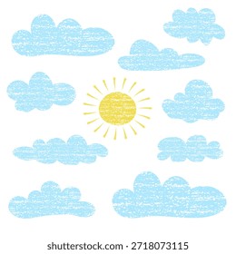 Cute color doodle Set soft cloud, sun elements in pastel chalk colors.Hand drawn child pencil bg. Crayon kid drawing.