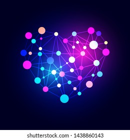 Cute color dots with line connection on bright blue background,vector illustraion.Graphic heart shape design.