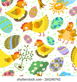 Cute color easter seamless pattern with eggs and chickens