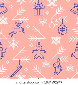 Cute color festive seamless pattern made with traditional Christmas symbols on pale pink background for greeting card and decoration