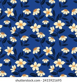 Cute color flowers on navy blue color background seamless pattern. This pattern can be used for fabric textile wallpaper gift wrap paper background.