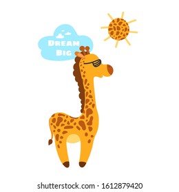 Cute color giraffe on white background. Hand drawn cute kid print for poster, greeting card, t-shirt, textile design. Cute cartoon animal character with sunglasses. Baby shower vector illustration.