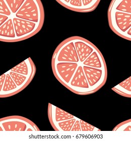 Cute color grapefruits. Pattern with black background. Seamless fashion background with fruits