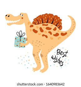 Cute color hand drawn dinosaur with Birthday present. Vector cartoon character with  handwritten lettering phrase Best wishes. Dino flat hand drawn clipart. For notebook, cards, T-shirt, posters.

