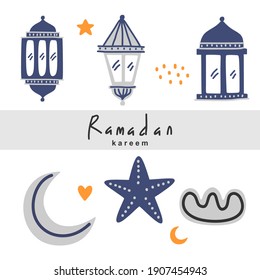 Cute color Islamic for Eid Mubarak and Ramadan Kareem celebration with traditional lantern, half moon, star and mosque isolated on white background design element. Vector illustration