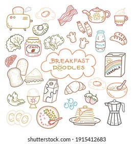 Cute Color Line Breakfast Doodle With Toaster, Sandwich, Bacon, Tea Pot, Cup, Strawberry Jam, Milk, Cereal, Pancake, Egg, Avocado, Sausage, Bowl, Tomato And Fruits. 