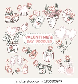 Cute color line Valentine’s day doodle, flowers, balloons, cupcakes, perfumes, gifts, rings and love. 