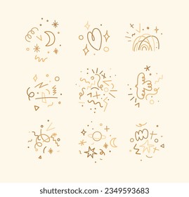 Cute color linear composition with moon, heart, rainbow, tornado, planets, symbols and elements drawing on beige background