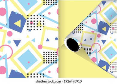 Cute color memphis pattern. Vector Illustration With paper mockup.