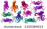 Cute color octopuses, sea animals with tentacles. Vector cartoon set of ocean invertebrates, marine animals, squid or kraken with suckers on hands. Funny octopuses isolated on white background