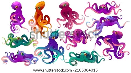 Cute color octopuses, sea animals with tentacles. Vector cartoon set of ocean invertebrates, marine animals, squid or kraken with suckers on hands. Funny octopuses isolated on white background