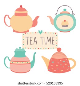 Cute color pastel teapots set on isolated background