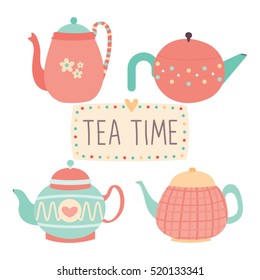 Cute color pastel teapots set on isolated background