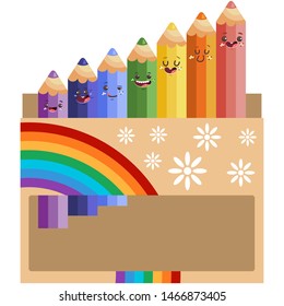 Cute color pencil characters in box with different emotions vector cartoon illustration isolated in a white background.