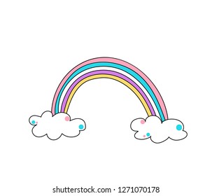 Cute color rainbow with clouds vector illustration isolated on white background.