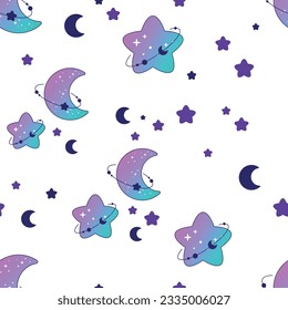 Cute color seamless pattern of blue and purple moon with stars on white background, perfect for  decoration and prints.