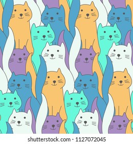 Cute color seamless pattern with simple doodle cats. Pale flat thoughtful kittens texture for kids textile, wrapping paper, background, package, surface design