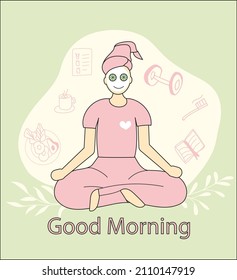 Cute color sketch illustration. A girl in pink pajamas sits in a lotus position with a face mask, cucumbers on her eyes and a towel on her head. Good morning illustration for healthy habit trackers.