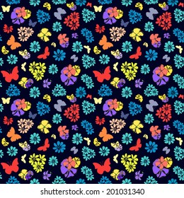 Cute color vector background. Flowers and butterflies illustration.