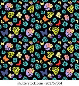 Cute color vector background. Flowers and butterflies illustration.