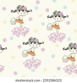 Cute color vector illustration. Beautiful cute little princess girl with flowers. Vector illustration. Cute texture background. Wallpaper for girls. Fashion style pattern
