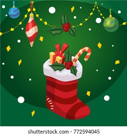 Cute color vector print banner Christmas design with red sock with gifts and garland decoration
