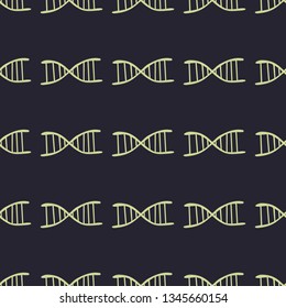Cute color vector seamless pattern. Yellow, white dna icon isolated on dark, black background. Unique abstract texture for cards, wrapping paper, textile. Medicine, chemistry, biology, gene