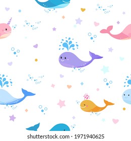Cute color whale seamless pattern. Children pattern with blue whale and pink narwhal and stars. Vector repeat illustration for wrapping paper.