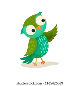 Cute colorcful owlet pointing with wing, sweet owl bird cartoon character vector Illustration on a white background