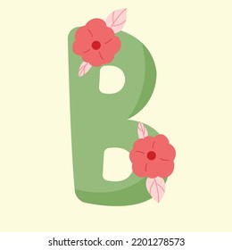 Cute Colored B letter with flowers. Hand drawing font for name postcard design.