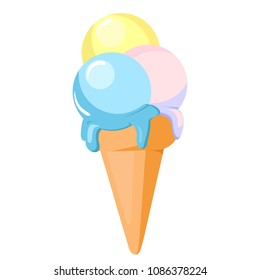 Cute, colored, beautiful, cold ice cream with three balls of blue, sweet, yellow, pink color, in the cake, melting ice cream. Modern vector flat design image isolated on white background.  Cartoon