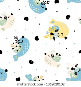 Cute colored birds in Scandinavian style with flowers. Seamless pattern vector