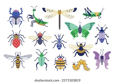 Cute colored bugs. Decorative trendy insects, funny little garden inhabitants, butterflies, beetles, caterpillars and mantises, vector set.