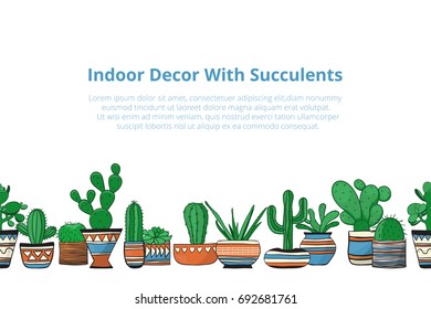 Cute colored cacti in row . Seamless vector background 