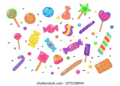 Cute colored candy set. Sugar Sweets isolated on white background. Gummy, Chocolate, Caramel, Lollipops, Jelly, Peppermint, Marmalade, Drops of different shapes. Vector cartoon funny illustration