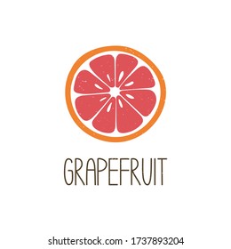 Cute colored caption grapefruit slice isolated on transparent background. Colorful pictogram original design. Vector shabby hand drawn illustration