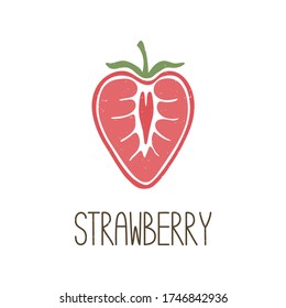 Cute colored caption half strawberry isolated on transparent background. Colorful pictogram original design. Can be used for infographics, identity or decoration. Vector shabby hand drawn illustration