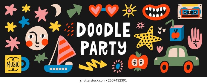 Cute colored cartoon doodles and abstract elements. Hand-drawn vector set. Illustration elements for decor, pattern, poster, card or sticker design.