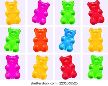 cute colored cartoon gummy bears.  bright jelly candies set of rainbow colors. greeting card. isolated vector illustration.