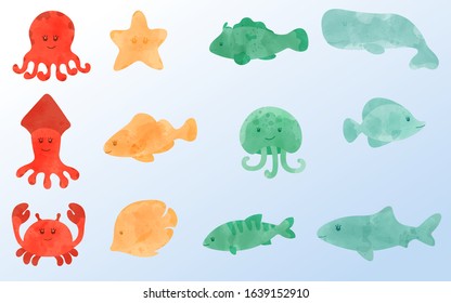 Cute colored cartoon marine vector characters for books, children's magazines, games, etc. octopus, crab, jellyfish, starfish, fish, squid, shark, whale