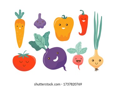 Cute colored cartoon vegetable characters. Funny kawaii food characters. Flat icons: pepper, carrot, tomato, onion, beetroot, radish, garlic. Healthy foods concept illustration vector for children