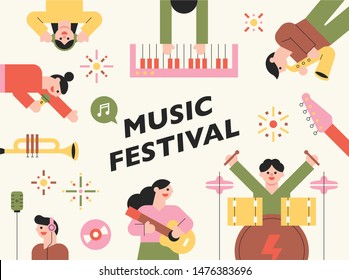 Cute colored characters are playing musical instruments. Card concept template. flat design style minimal vector illustration.