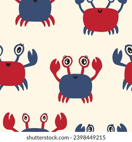 Cute colored childish seamless repeating simple flat pattern with crabs and plants 